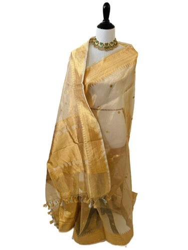 Banarasi Kora Tissue Organza Silk Saree | Golden Beige | Gold Zari | Handwoven | Ships from California